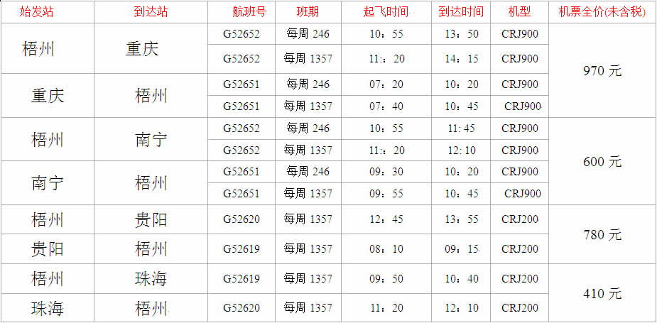 梧州机场2014年本港航班时刻表